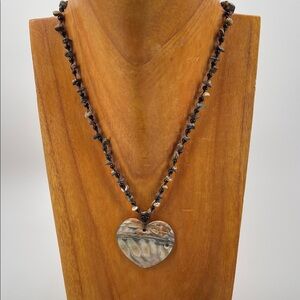 2.7.26-23 Artisanal Heart Shell Pendant & Wooded Beaded Necklace